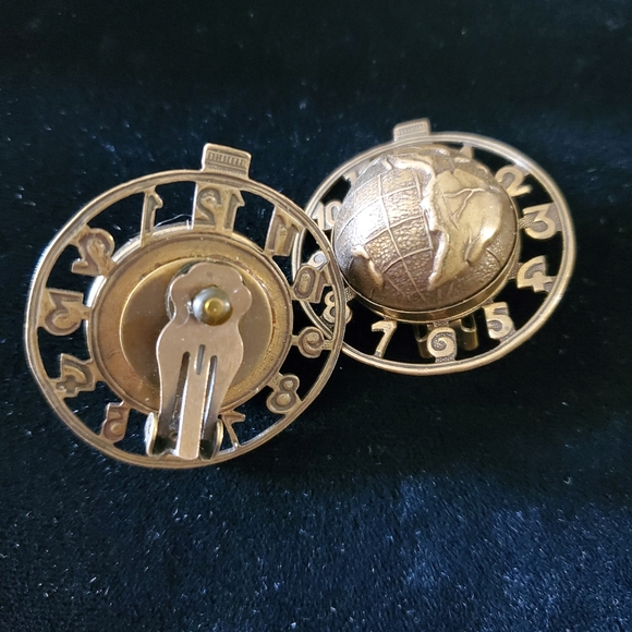 Vintage Brass Globe and Clock Face Clip-on Earrings Steampunk Industrial - Picture 4 of 8